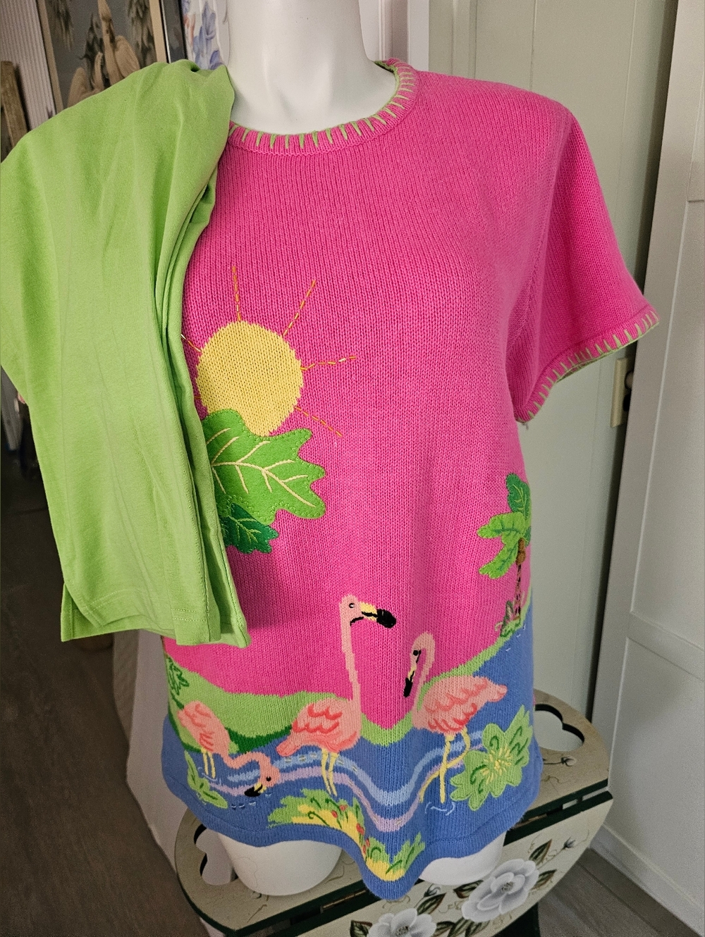NWT Vtg Quacker Factory Pink Flamingo Sweater & Green Capri Pants Set LG 90s